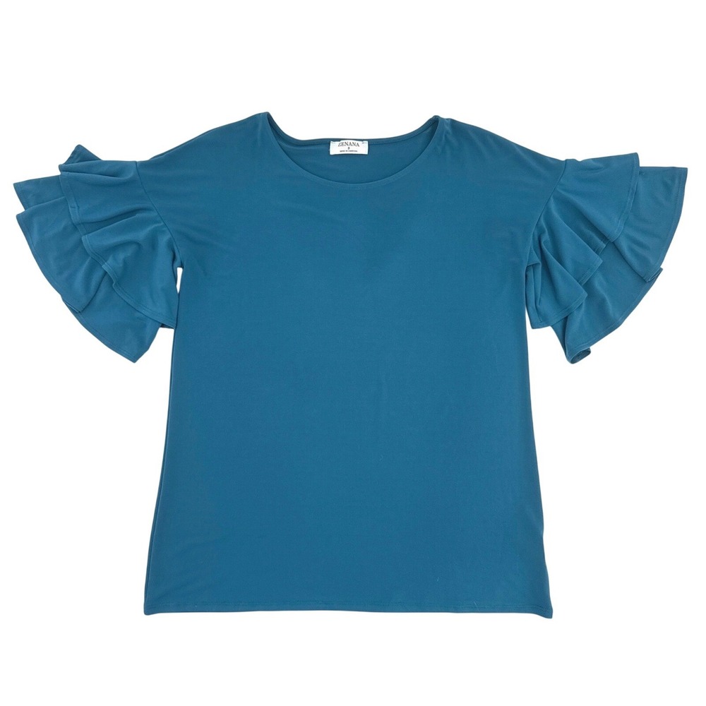 Zenana Ruffle Sleeve Top Womens Size S Blue Coastal Chic Office  Party‎